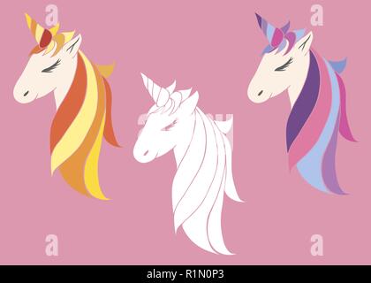 Vecteur de licornes rose pour les filles, belles fêtes de pourpre, pour l'anniversaire. chef d'une licorne avec une corne et mane Illustration de Vecteur