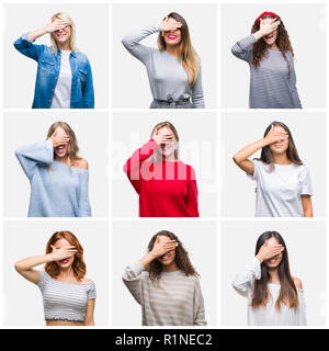 Collage de jeunes et belles femmes de plus fond isolé sourire et rire avec la main sur le visage pour les yeux pour une surprise. Concept aveugle. Banque D'Images