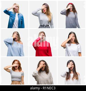 Collage de jeunes et belles femmes de plus de fond isolé avec des pics de shock couvrant le visage et les yeux avec la main, regardant à travers les doigts avec embarrassé Banque D'Images