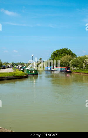 Devizes, Wilstshire, UK - 29 mai 2016 : Fin du printemps soleil apporte des propriétaires de bateau et les visiteurs d'un port de plaisance au pied de Caen Hill Locks sur le Kennet and Avon Canal près de Devizes. Le canal a été restauré par étapes, en grande partie par des bénévoles. Après des décennies d'abandon qu'il fut complètement rouvert en 1990. Le canal Kennet et Avon est une populaire destination touristique du patrimoine. Banque D'Images