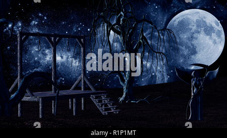 Ange de la mort - Spooky arrière-plan avec potence et corbeaux de nuit avec des arbres creepy - 3D render Banque D'Images