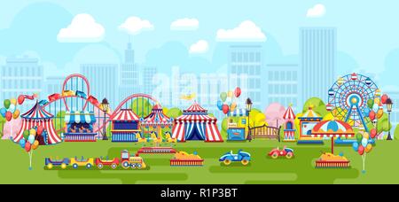 Caricature avec panorama city amusement park Illustration de Vecteur