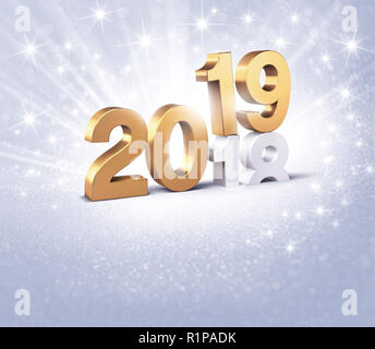 Nouvelle année date nombre 2019 en or de couleur au-dessus, se terminant en 2018, sur un fond argenté - 3D illustration Banque D'Images