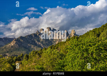 Aiguilles de Bavella, vue depuis le village de Zonza, l'Alta Rocca, la microrégion Corse-du-Sud, Corse, France Banque D'Images