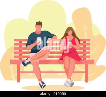 L'homme et la jeune fille assise sur un banc. Femme utilise un téléphone mobile. Guy utilise un téléphone mobile. Banc de parc Vector Illustration Illustration de Vecteur