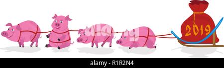 Les porcs et l'équipe de traîneau avec sac noël 2019 numéros. Illustration de Vecteur