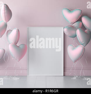 Affiche maquette de l'intérieur de l'arrière-plan avec des ballons pastel, 3D render Banque D'Images