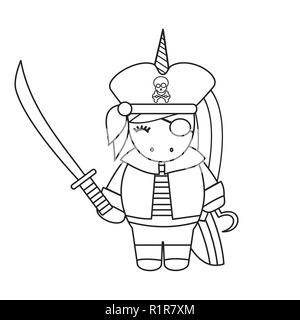 Cute cartoon noir et blanc licorne pirate avec épée vector illustration Illustration de Vecteur