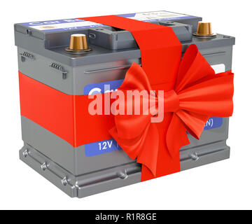 Batterie de voiture avec noeud et ruban, cadeau concept. Le rendu 3D isolé sur fond blanc Banque D'Images