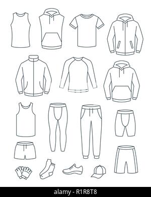 Des vêtements décontractés pour hommes Plan de formation de remise en forme. Vêtements de base pour séance de gym. Vector fine ligne d'icônes. Tenue pour homme actif. Sport style mal linéaire Illustration de Vecteur