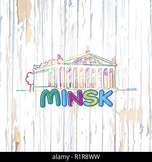 Dessin de Minsk colorés sur fond de bois. Hand drawn vector illustration. Illustration de Vecteur