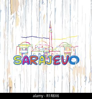 Dessin de Sarajevo colorés sur fond de bois. Hand drawn vector illustration.