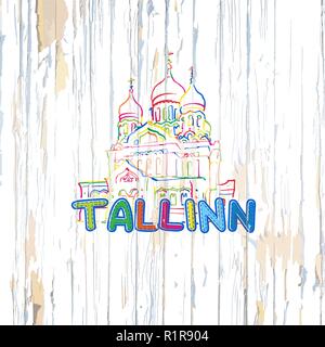 Dessin de Tallinn colorés sur fond de bois. Hand drawn vector illustration. Illustration de Vecteur