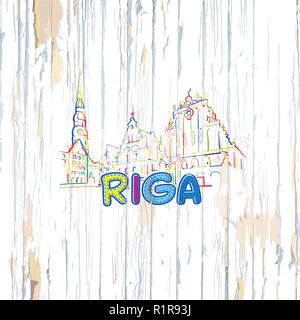 Dessin de Riga colorés sur fond de bois. Hand drawn vector illustration. Illustration de Vecteur