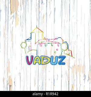 Dessin de Vaduz colorés sur fond de bois. Hand drawn vector illustration. Illustration de Vecteur