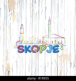 Dessin de Skopje colorés sur fond de bois. Hand drawn vector illustration. Illustration de Vecteur