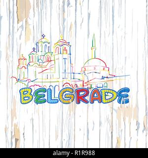 Dessin de Belgrade colorés sur fond de bois. Hand drawn vector illustration. Illustration de Vecteur