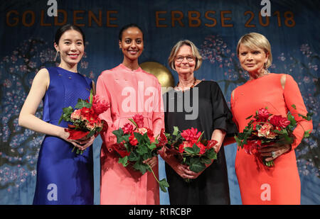 Berlin, Allemagne. 13Th Nov, 2018. Wang Yizhi, épouse du fondateur et président du véhicule électrique chinois start-up NIO Inc. William Li, modèle allemand Sara Nuru, écrivain allemand Kirsten Boie et l'actrice allemande Uschi Glas (de G à D) posent pour une photo de groupe après la cérémonie de remise des prix Goldene Erbse à l'ambassade de Chine en Allemagne, à Berlin, capitale de l'Allemagne, le 13 novembre, 2018. Credit : Shan Yuqi/Xinhua/Alamy Live News Banque D'Images