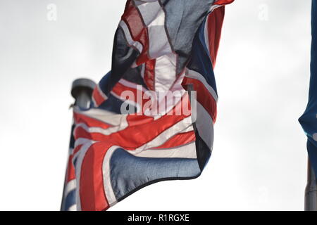 Edinburgh, Royaume-Uni. 14Th Nov, 2018. Comme Theresa May's gouvernement tenter de faire adopter un accord final pour les plans de dernière minute, les drapeaux flottants ou non aux commandes à l'extérieur du Parlement écossais à Édimbourg est peut-être dire sinon que celle de la Première Ministre Nicola Sturgeon tente toute tentative pour mettre un terme aux plans du mai. Crédit : Colin Fisher/Alamy Live News Banque D'Images