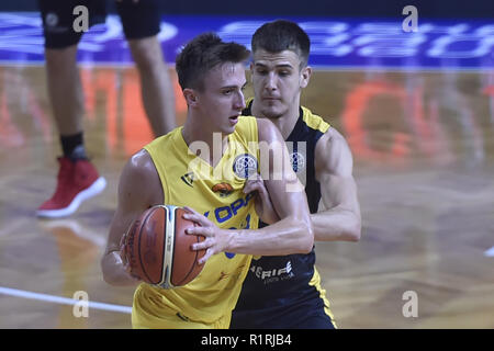 Opava, République tchèque. 14Th Nov, 2018. Jakub Slavik d'Opava, gauche, et Nicolas Brussino d'Iberostar Tenerife en action lors de la Ligue des Champions de basket-ball match du groupe B BK Opava vs Tenerife Iberostar dans Opava, République tchèque, le 14 novembre 2018. Photo : CTK Jaroslav Ozana/Photo/Alamy Live News Banque D'Images