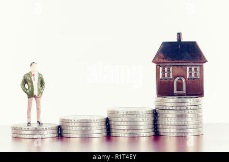 Figure miniature,pile de pièces et de métal chambre réplique pour investissement immobilier concept Banque D'Images