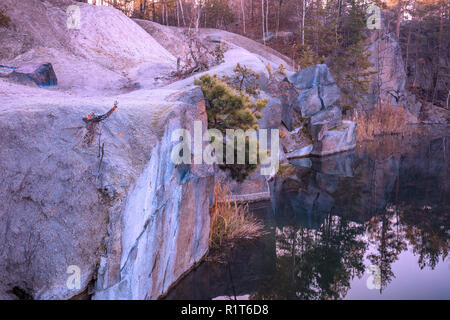 Côte Rocheuse d'un lac de forêt. Pousse de pin sur un rocher ; Banque D'Images