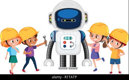 Groupe d'enfants jouant avec illustration robot Illustration de Vecteur