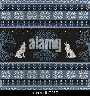 Nuit d'hiver, l'arbre de vie et les loups hurler. Motif tricoté sans couture en laine Illustration de Vecteur