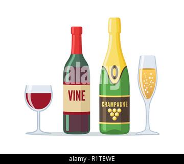 Bouteilles de vin rouge et de champagne dans l'icône de style plat. Illustration de Vecteur