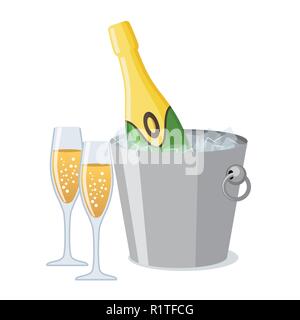 Deux verre à champagne et une bouteille de champagne dans un seau à glace dans l'icône de style plat. Illustration de Vecteur