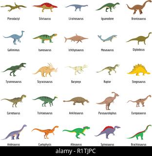 Personnage Animal vecteur de dinosaures icons set. Télévision illustration de 25 types de dinosaures dino pheristoric nom signé vector icons isolé sur fond blanc Illustration de Vecteur