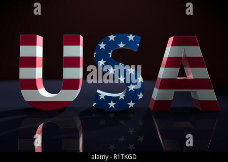 3D render of USA mot avec superposition drapeau américain star et motif hachuré sur fond noir Banque D'Images