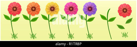Ensemble de fleurs multicolores, rouge, orange, jaune, rose, violet. Pièces florales à assembler. Les fleurs avec pétales, feuilles, de l'herbe et des tiges. L'illustration. Banque D'Images