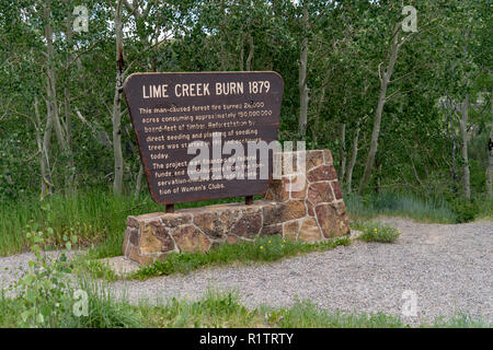 Signe pour le Colorado Lime Creek brûler 1879 plan du repérage de la zone d'un homme a fait feu de forêt Banque D'Images