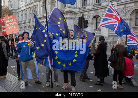 Le jour où le premier ministre Theresa peut pétitions son cabinet sur les négociations en cours pour permettre à l'UE, l'Europe contre les manifestants pro-Brexit en stand en face de Downing Street, à Whitehall, le 14 novembre 2018, à Londres, en Angleterre. Banque D'Images