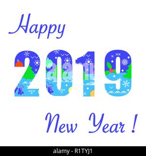 Inscription Bonne Année 2019 numéros et décoré avec des symboles de Noël. Arrière-plan de fête. Bonne année 2019. Illustration de Vecteur