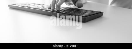 Voir l'échelle de l'image en noir et blanc de l'homme d'affaires Part de la saisie sur le clavier de l'ordinateur de bureau noir sur blanc 24. Banque D'Images