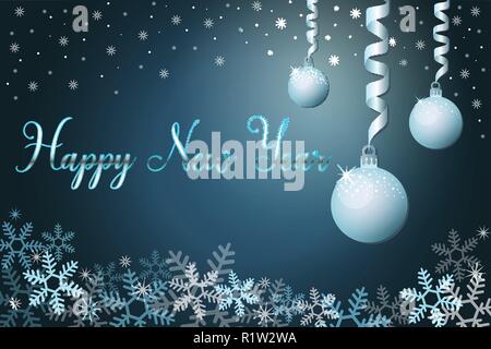 Arrière-plan des vacances d'hiver de neige et de boules de noël, part expression lettrage bonne année. La saison de Noël, carte postale d'illustration vectorielle, EPS 10 Illustration de Vecteur