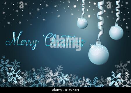 Arrière-plan des vacances d'hiver de neige et de boules de Noël, Joyeux Noël phrase lettrage à la main. La saison de Noël, carte postale d'illustration vectorielle, EPS 10 Illustration de Vecteur