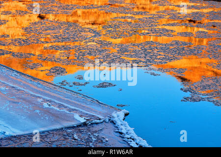 Murs de grès reflétée dans le fleuve Colorado à l'aube pendant l'hiver, aire de loisirs Riverway Colorado Moab, Utah, USA Banque D'Images