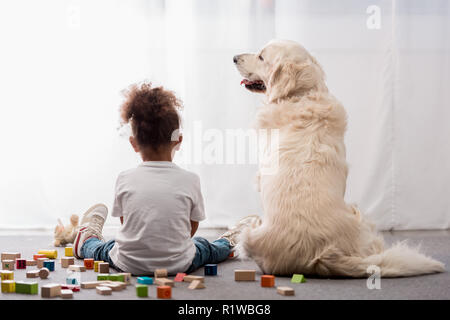Vue arrière du petit enfant en blanc T-shirts avec chien heureux entouré de cubes jouet Banque D'Images