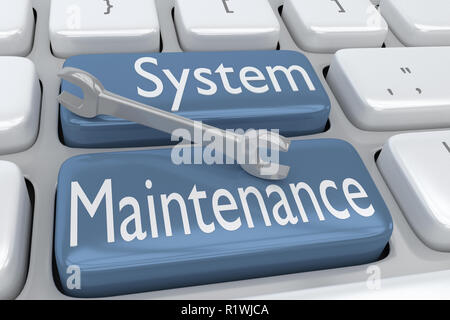 3D illustration de clavier de l'ordinateur avec le système de script de maintenance sur deux boutons bleu pâle, à l'aide d'une clé placée sur ces deux boutons. Banque D'Images