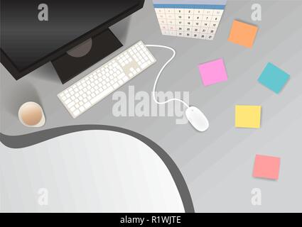 Lieu de travail avec ordinateur, memo, souris et de surface au texte . Illustration réaliste propre pour le web . Illustration de Vecteur