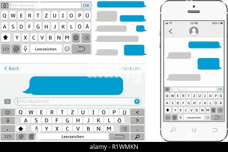 Allemagne alphabet clavier virtuel. Téléphone vectoriel interface de chat. Sms messenger. Illustration de Vecteur