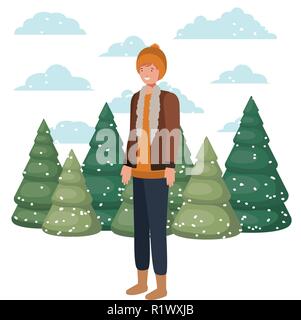 Jeune homme avec des vêtements d'hiver et l'hiver caractère avatar pin Illustration de Vecteur