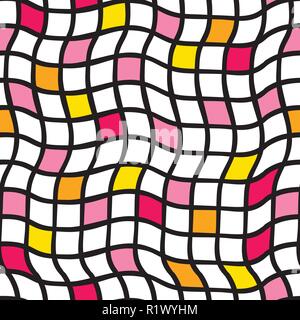 Handdrawn grille irrégulière. Vector pattern. transparente Grille noir avec du jaune, orange et rose carrés colorés. Illusion d'optique. Illustration de Vecteur