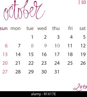 Modèle de calendrier fixé pour l'année 2019 dans un fichier vectoriel. Organisateur d'élément de conception pour l'impression ou des applications. Intervalles réguliers. Illustration de Vecteur