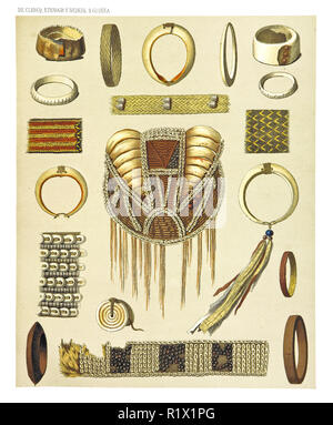 Illustration d'objets ethniques de l'Ouest et de la côte nord de la Nouvelle-Guinée néerlandaise. Par F.S.A. De Clercq et J.D.E. Leiden 1893, Schmeltz Banque D'Images