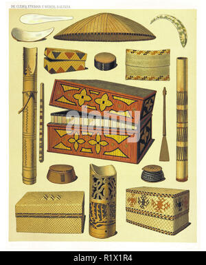 Illustration d'objets ethniques de l'Ouest et de la côte nord de la Nouvelle-Guinée néerlandaise. Par F.S.A. De Clercq et J.D.E. Leiden 1893, Schmeltz Banque D'Images