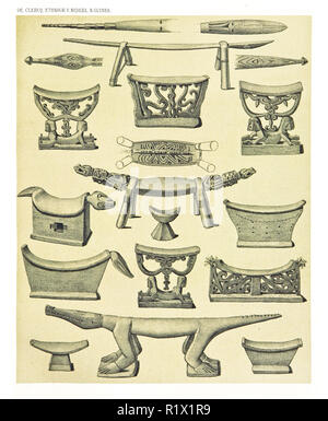 Illustration d'objets ethniques de l'Ouest et de la côte nord de la Nouvelle-Guinée néerlandaise. Par F.S.A. De Clercq et J.D.E. Leiden 1893, Schmeltz Banque D'Images